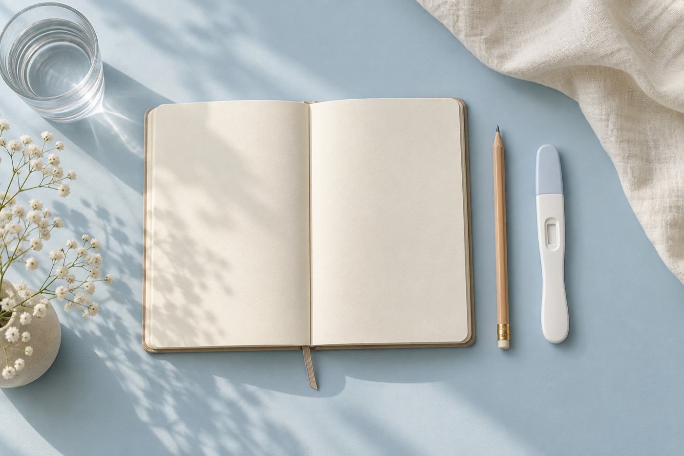 Editorial illustration: Open notebook, pencil and blank pregnancy test on a blue surface