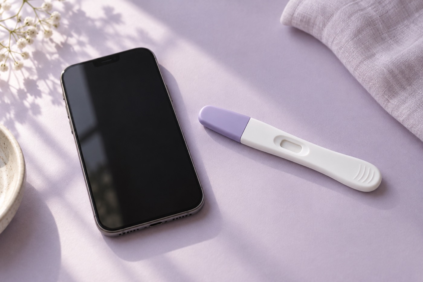 Editorial illustration: Phone and blank pregnancy test arranged on a lavender surface