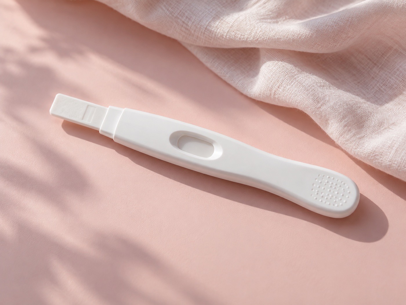 Editorial illustration: White pregnancy test with a blank window on pink fabric