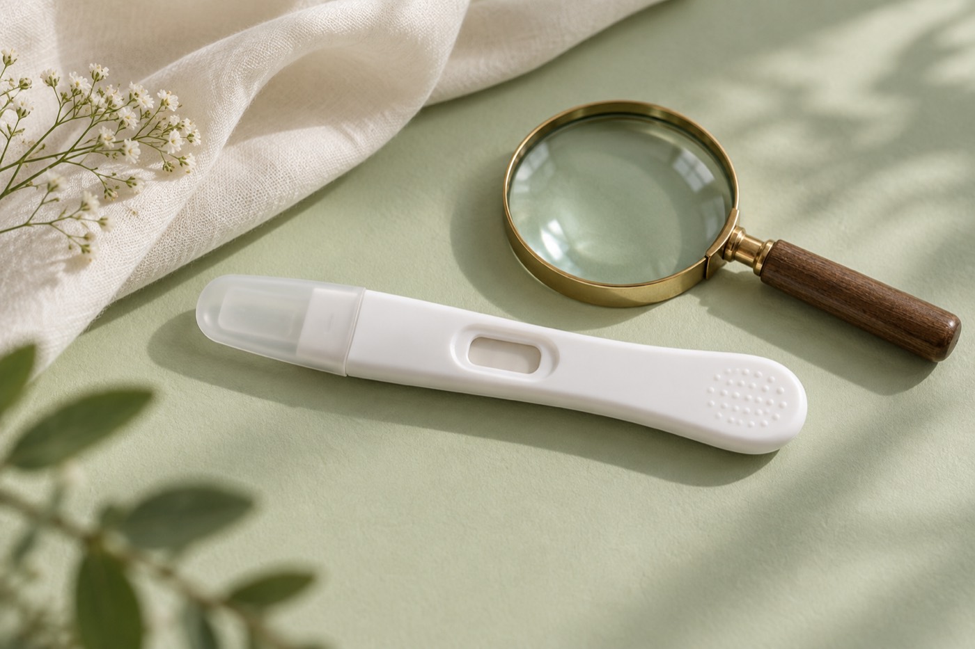 Editorial illustration: Magnifying glass beside a blank pregnancy test on a sage green surface