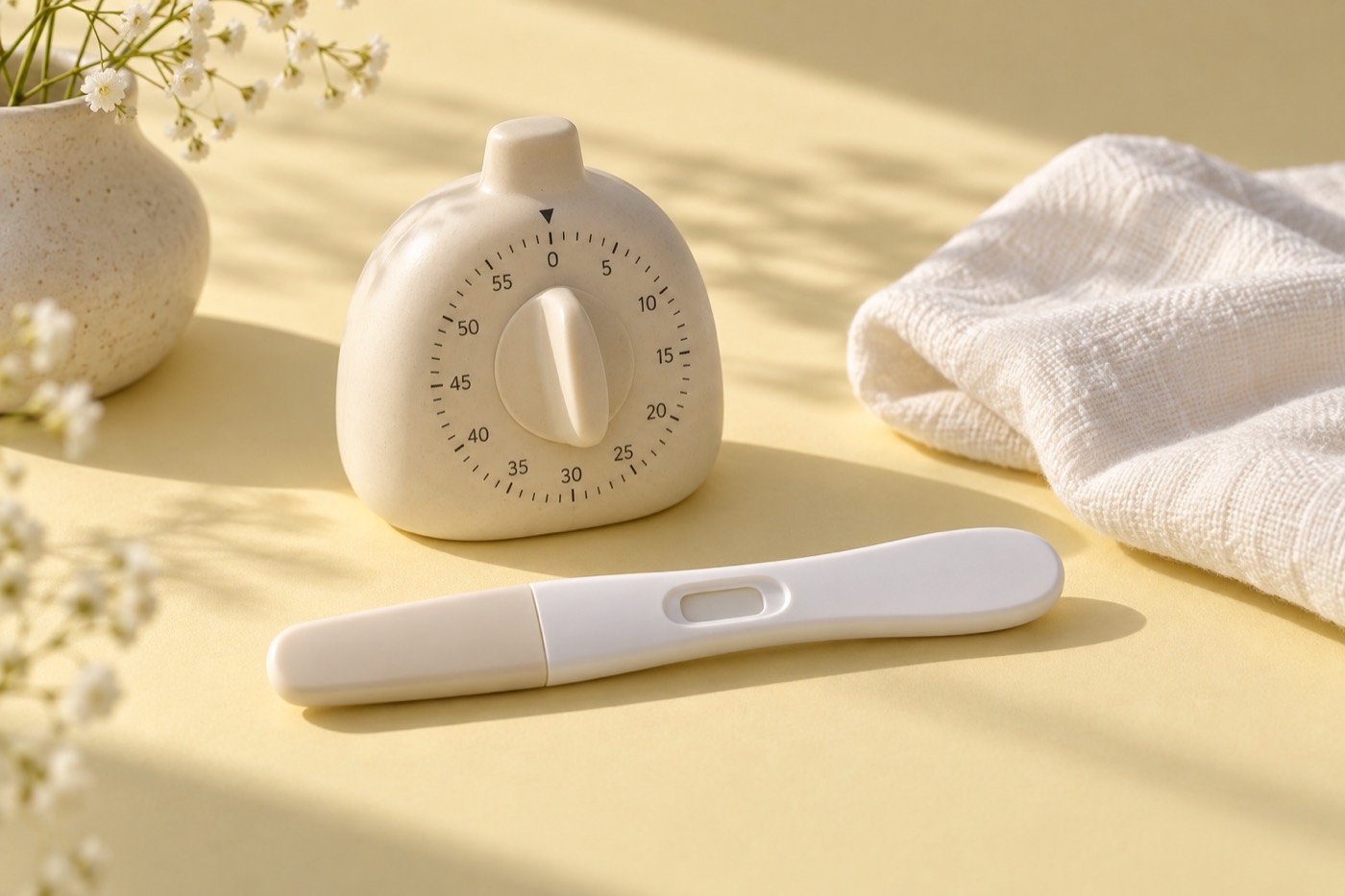 Editorial illustration: Cream kitchen timer beside a blank pregnancy test on a yellow surface